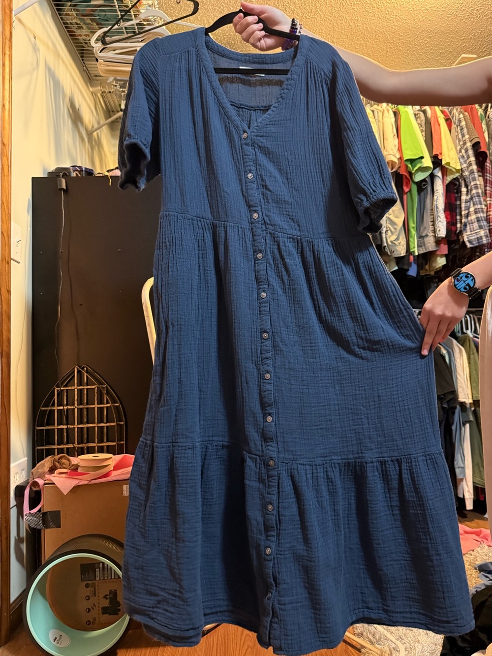Sonoma Navy Button-Front Tiered Maxi Dress